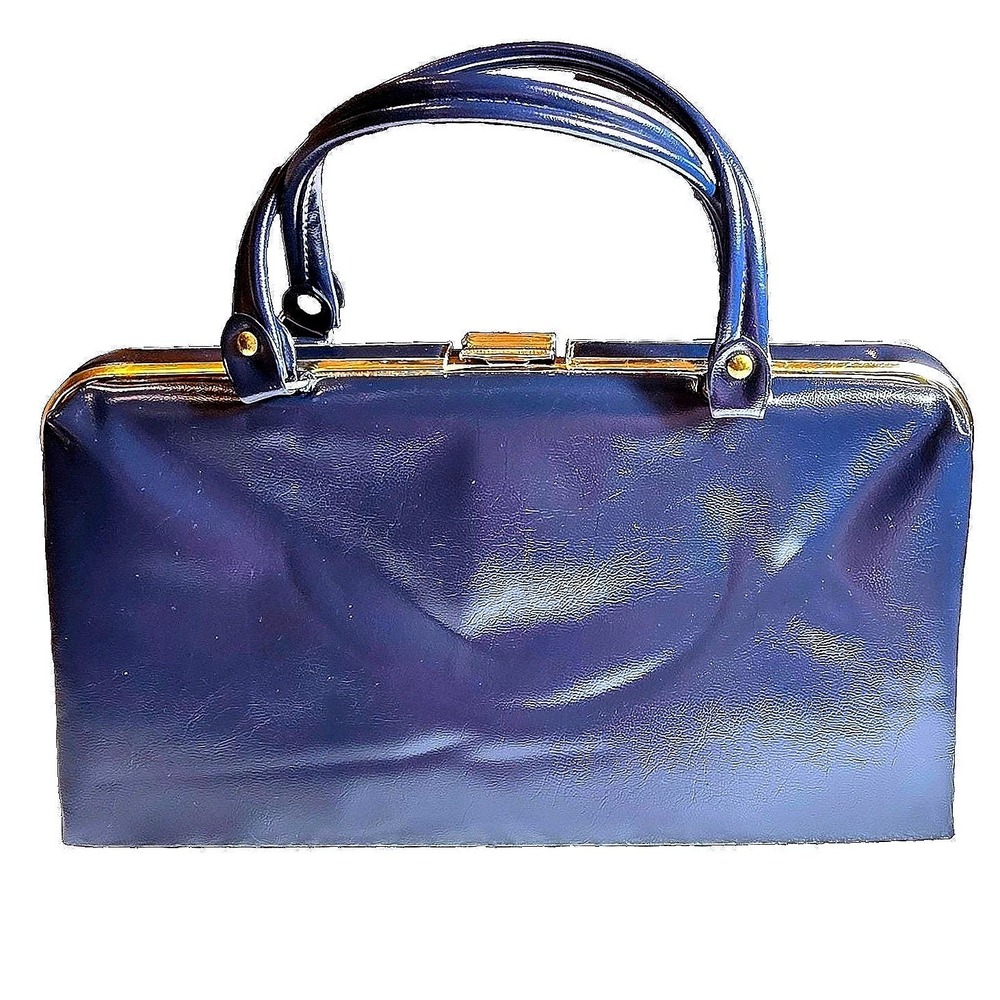 1960s Vintage Navy Structured Doctor Bag Frame Purse Gold Clasp Top Handle